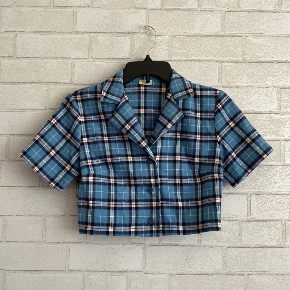 Brandy Melville Blue Plaid Crop Collared Tee
